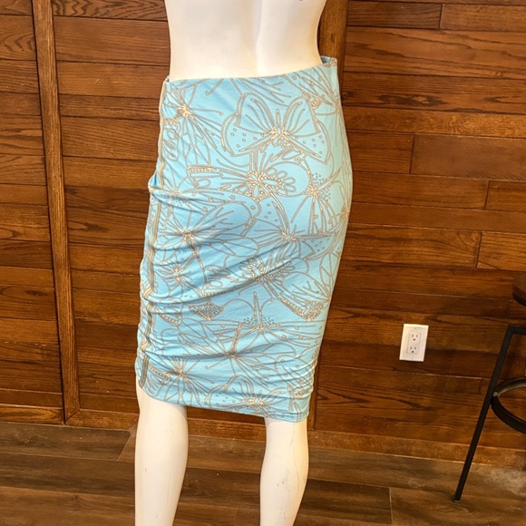 Marc Cain Sky Blue Floral Pencil Skirt with Metallic Gold Trim - Picture 3 of 4